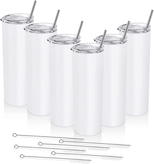 6 Pack Skinny Travel Tumblers, Stainless Steel Skinny Tumblers with Lid and Straw, Double Wall Insulated Tumblers, 20 Oz Slim Water Tumbler Cup, Vacuum Tumbler Travel Mug for Coffee Water Tea, White